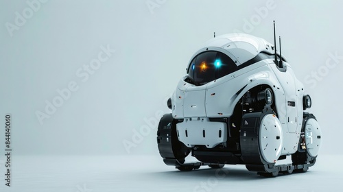 Futuristic white robot with wheels and antennas, minimalistic background, representing advanced AI and technology in robotics.