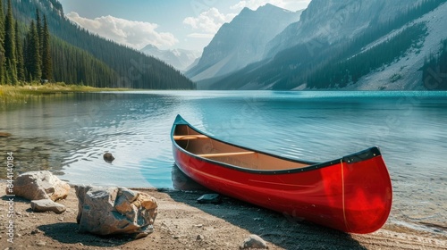 A red canoe is docked on the shore of a picturesque lake with majestic mountains towering in the background, surrounded by a serene natural landscape under a cloudy sky AIG50