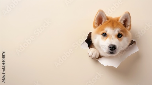 The cute Akita Inu puppy peeks through the hole in the paper wall