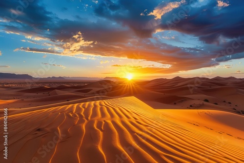 majestic sahara desert panorama at sunset golden sand dunes travel and adventure panoramic banner