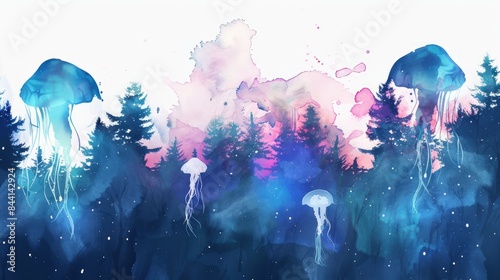 Surreal watercolor illustration of jellyfish floating above a mystical forest, blending aquatic and terrestrial elements in a dreamy landscape.