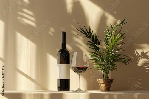 minimal still life composition with elegant wine bottle and glass 3d rendering