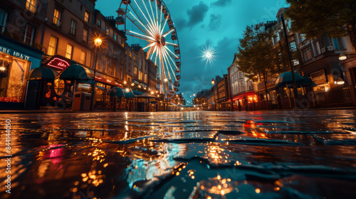 Fair with rides on a rainy night