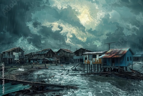 posthurricane devastation ruined coastal town with shattered houses and stormy sky digital painting