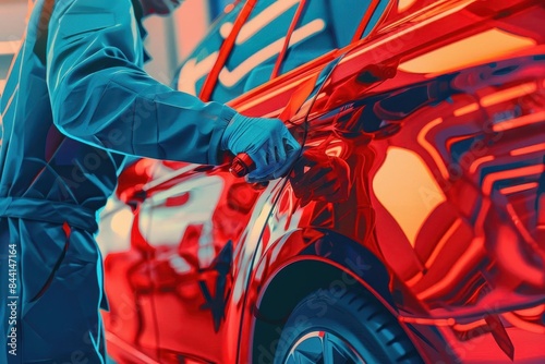 professional car mechanic applying protective film to vehicle body realistic illustration
