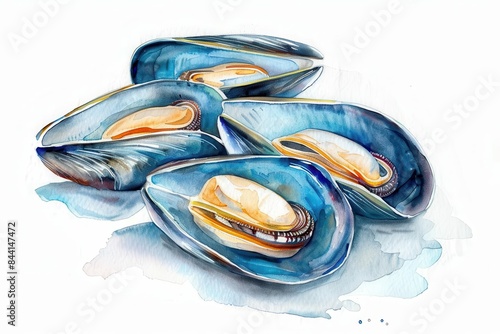 realistic watercolor mussels illustration on white background seafood still life painting