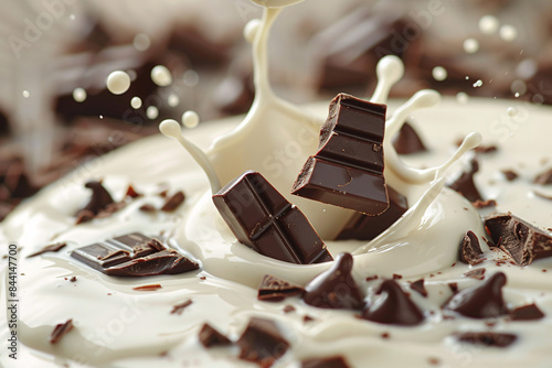 A chocolate splash with chocolate pieces floating in milk, perfect for celebrating world chocolate day.