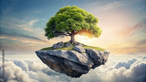Surrealistic collage artwork featuring a majestic tree growing out of a rock formation on a pristine white background, evoking serenity and harmony with nature.