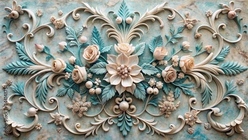 Delicate pastel blue and white marble stone rococo carving adorned with intricate floral elements, leaves, and flower petals, set against a vintage french parisian aesthetic background.