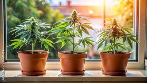 Three lush green home-grown cannabis plants with budding flowers sit in a ceramic flower pot on a sunny window sill at home.