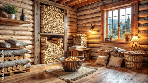 Cozy wooden chalet interior featuring a neatly organized woodpile and stack of pellets, surrounded by rustic wooden walls and natural textiles.