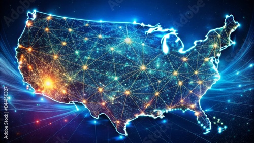 Vibrant digital map of usa with glowing connections, orbiting satellites, and pulsing network lines, depicting seamless data transmission and cyber connectivity across north america.