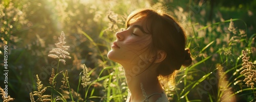 A woman enjoying the serene beauty of a sunlit meadow, basking in the warmth of the golden hour.