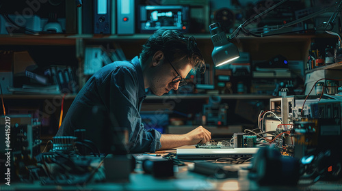 Precision in Progress, An Engineer's Workspace Illuminated by the Dance of Wiring