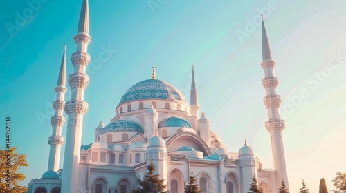Grand white mosque with multiple domes