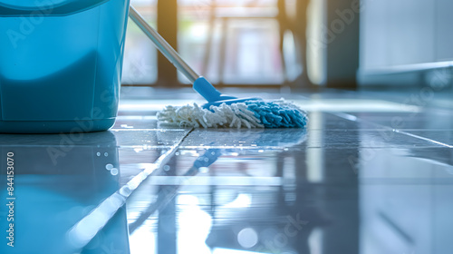 Close-Up of Mop and Bucket on Shiny Clean Floor