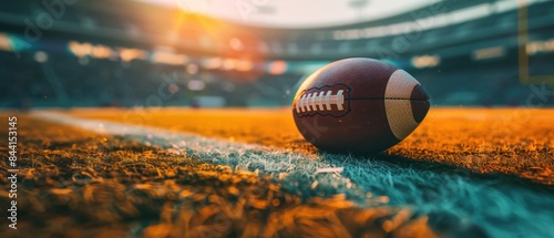 Close-up of an American football on a grassy field under stadium lights, with warm sunlight and a blurred background.