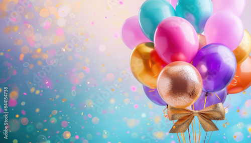 Multicolored balloons with golden bow against pastel bokeh background. Festive celebration, party decoration, joyful atmosphere.