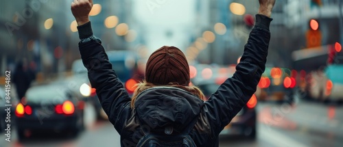 Person with raised arms celebrating on a busy city street, surrounded by traffic. Captures urban energy and triumphant emotion.