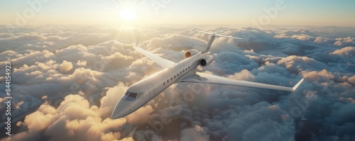 Private jet soaring above the clouds during a beautiful sunset, capturing the essence of luxury travel and aviation excellence.