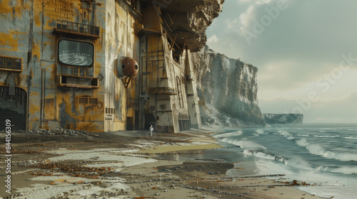 Futuristic coastal structure with weathered walls, waves crashing, and cliffs in the background