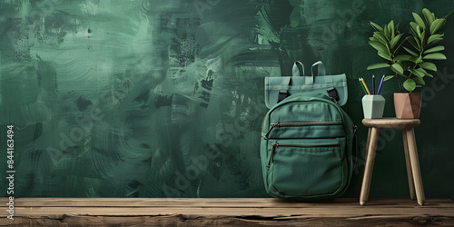  green and black backpack is sitting on a wooden table, with a potted plant behind it,back to school