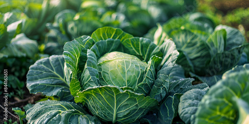 Fresh cabbage vegetables and harvesting garden field background 