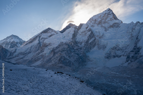 Spectacular view of Mt.Everest and other peaks at dawn seen from Kala patthar in Nepal.