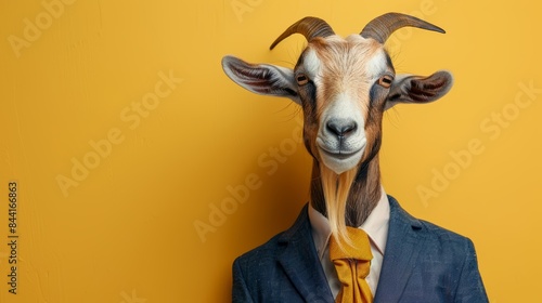 Quirky portrait of a goat dressed in a suit and tie against a yellow background, blending human and animal characteristics in a humorous way.