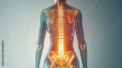 A medical illustration depicting the human spine, with the lower back highlighted.