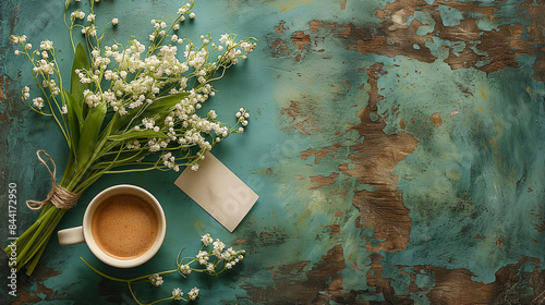 Coffee mug with bouquet of flowers lily of the valley and notes good morning on turquoise rustic table from above, beautiful breakfast, vintage card, top view, flat lay.