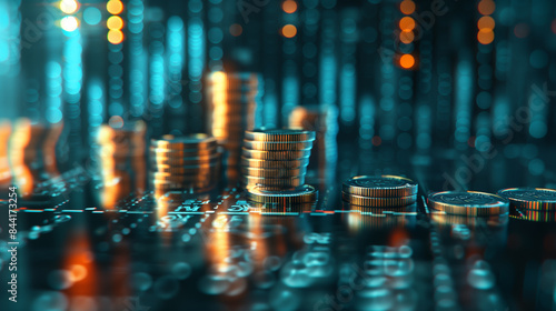 Stacks of various coins on a table, blue background