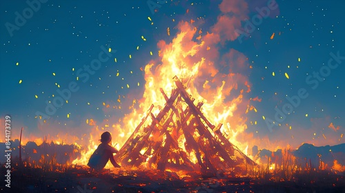 Summer Landscape. Realistic summer night bonfire with a large fire burning brightly on a sandy beach under a starry night sky. Warm glow.