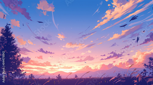 風に吹かれる夕方の野原の風景