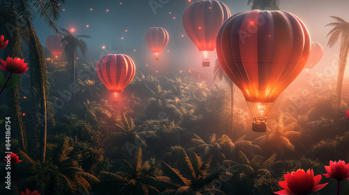 Red hot air balloons over jungle