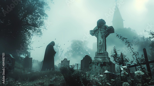 A mage performing a ritual in a cemetery shrouded in fog