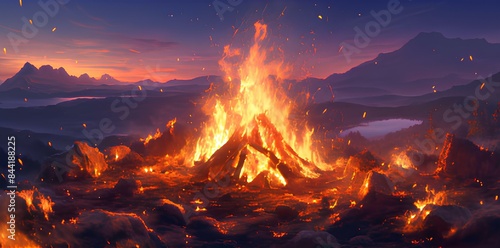 Bonfire With a View Landscape. Large fire burning brightly surrounded by a scenic overlook of mountains, lakes, and forests. Realistic and warm scenic atmosphere.