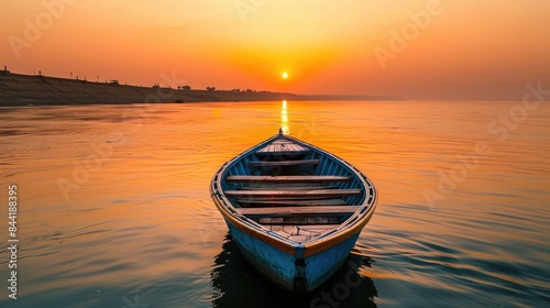 A picturesque scene of a boat on the River Ganges at sunset