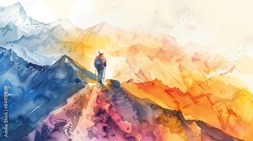 Lively watercolor painting of a nomad hiking along a winding mountain trail, with a sense of adventure in the air.
