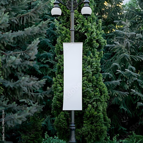 Slim, long blank banner hanging from a lamppost with a backdrop of dense evergreen trees.