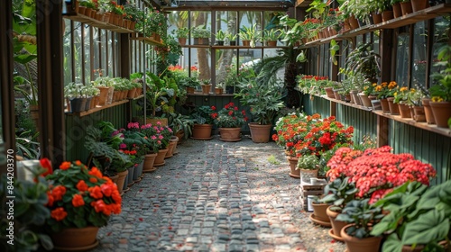 The lush indoor garden is a sight to behold, with its vibrant flowers and lush greenery. The stone path winds through the garden, inviting visitors to explore its many wonders.