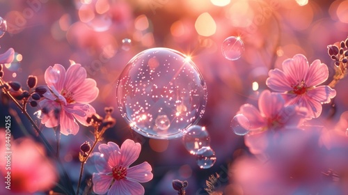 Pink flowers and bubbles.