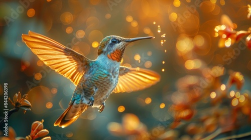 A hummingbird hovers in mid-air, its long, thin beak outstretched