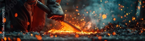 Close-up of a blacksmith hammering hot metal, surrounded by flying sparks in a workshop. Captures the intense heat and craftsmanship involved in forging.