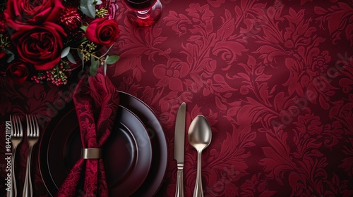 A deep burgundy background with an elegant damask pattern, offering a rich and traditional look for formal settings.