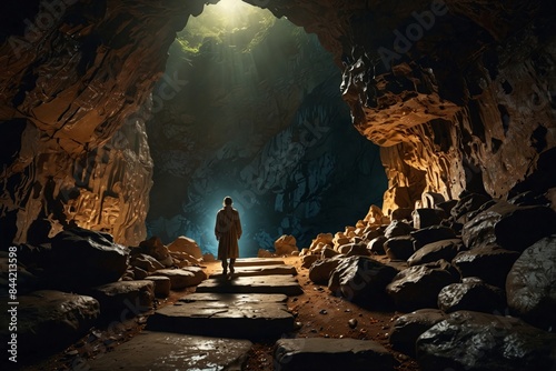 Fantasy scene of a traveler stands at the entrance of a hidden cave