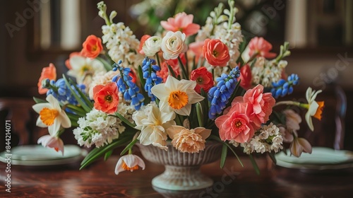 A beautiful centerpiece of flowers in a vase on a wooden table. The flowers are mostly pink, white, and yellow, with some blue and green foliage.