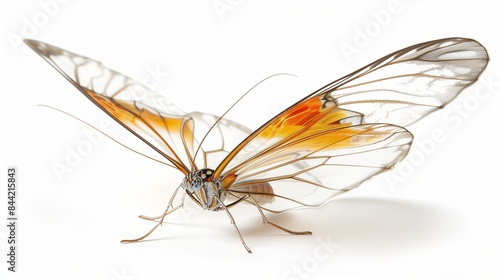 A glasswing butterfly with transparent wings, isolated on a pristine white background.