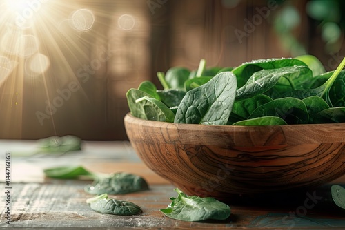 Fresh Spinach Leaves in Wooden Bowl