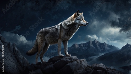 wolf standing on top of a mountain against the night sky
